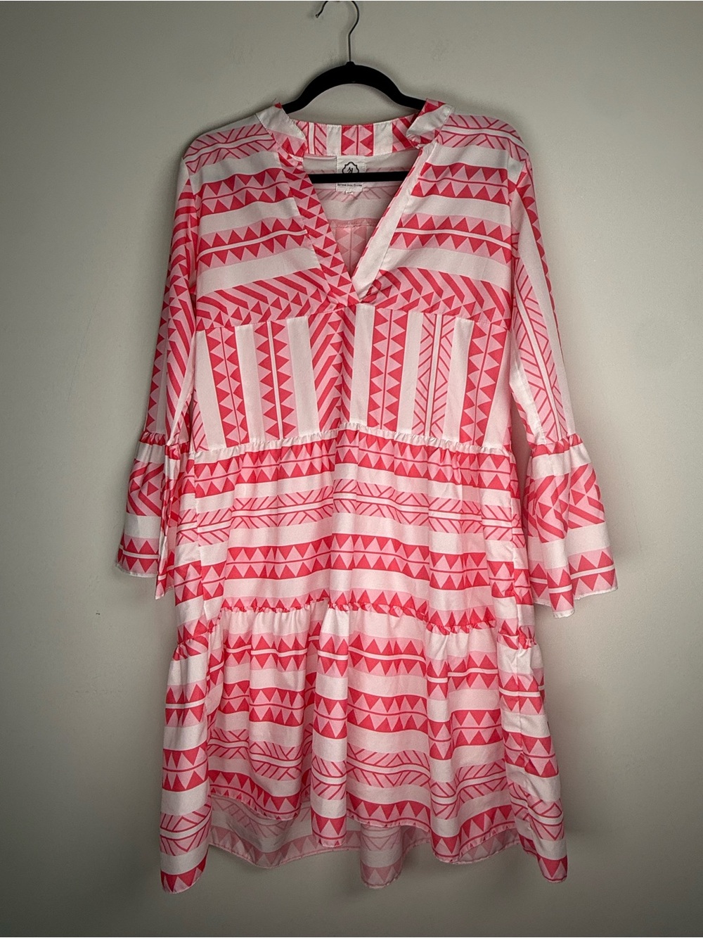 V-Neck Pink Geometric Tiered Midi Dress